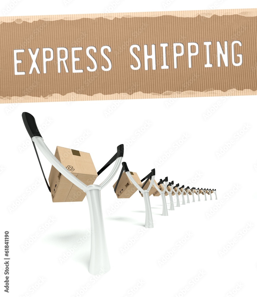 Express shipping transportation cardboard box on slingshot