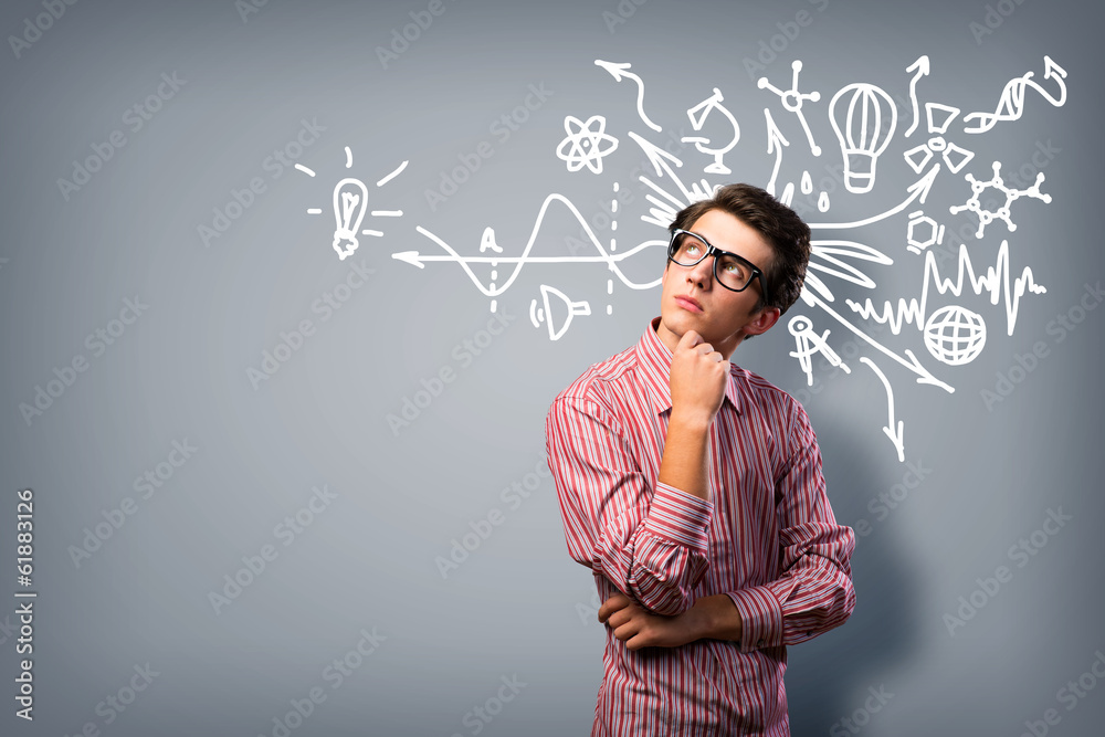 young man scientist with glasses thinking