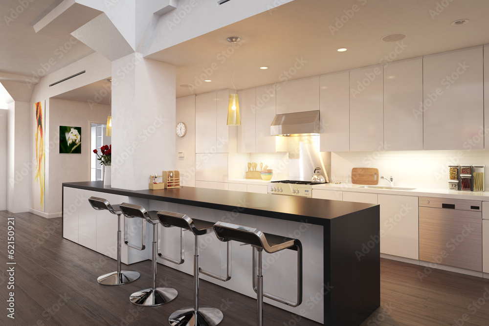 Kitchen implemented inside a city loft