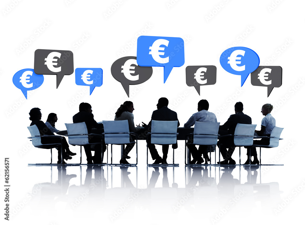 Silhouette Group of Business People Discussing with Euro Sign