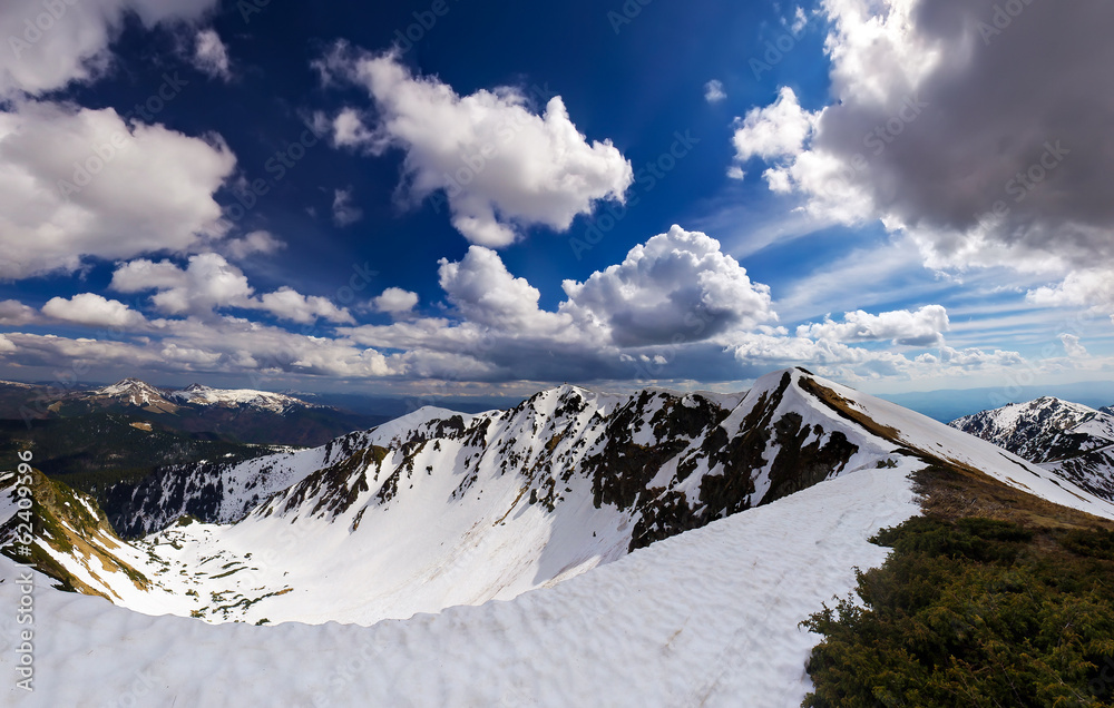 Snow mountains at day time. Winter landscape