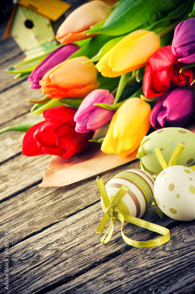 Easter setting with multicolor tulips