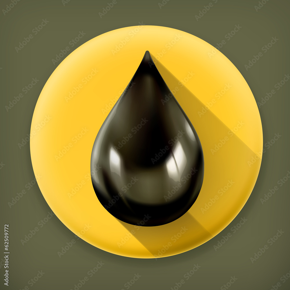 Black oil drop, long shadow vector icon