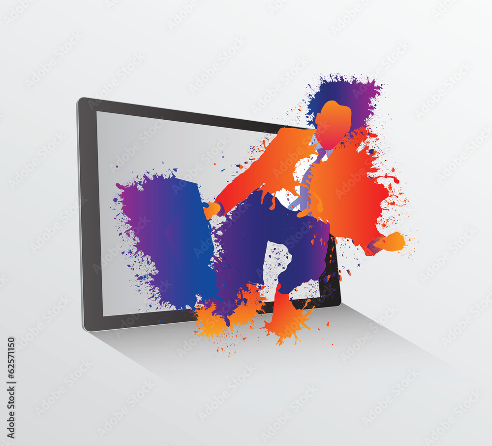 Businessman made of paint leaping from tablet