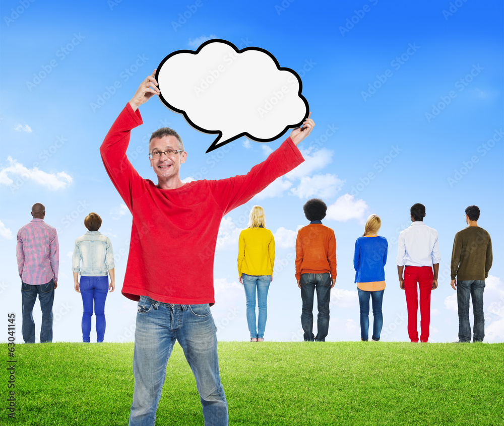 Man Holding Speech Bubble With Group of People