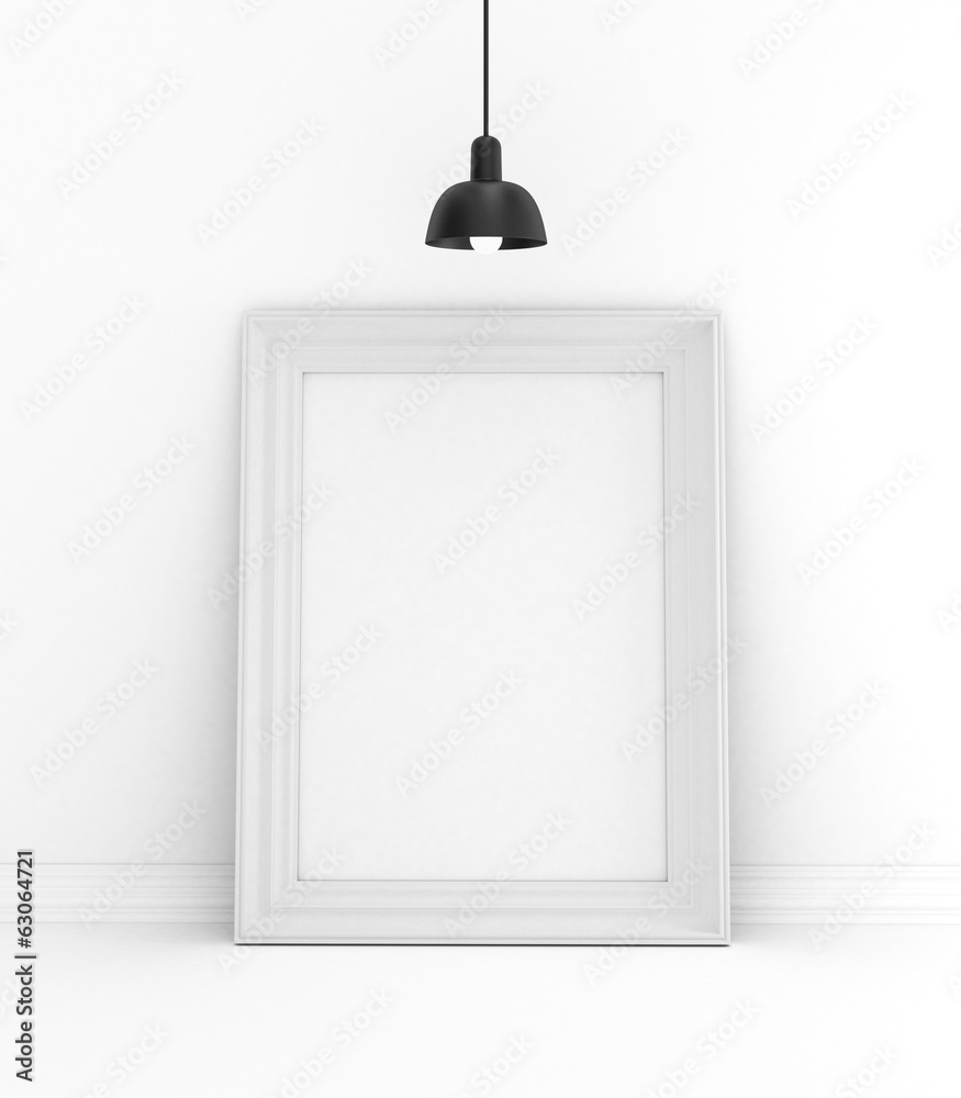 white frame in room and lamp