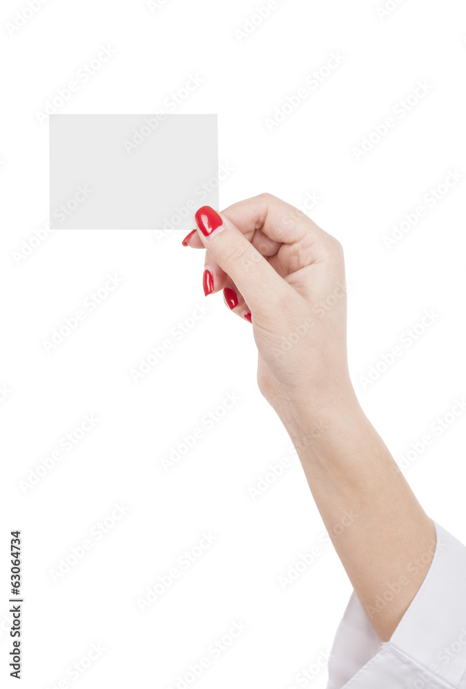 Female hand holding a blank business card