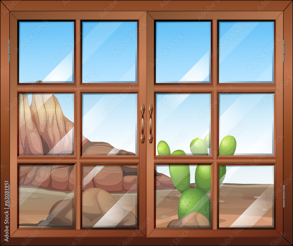 A window with a view of the cactus outside