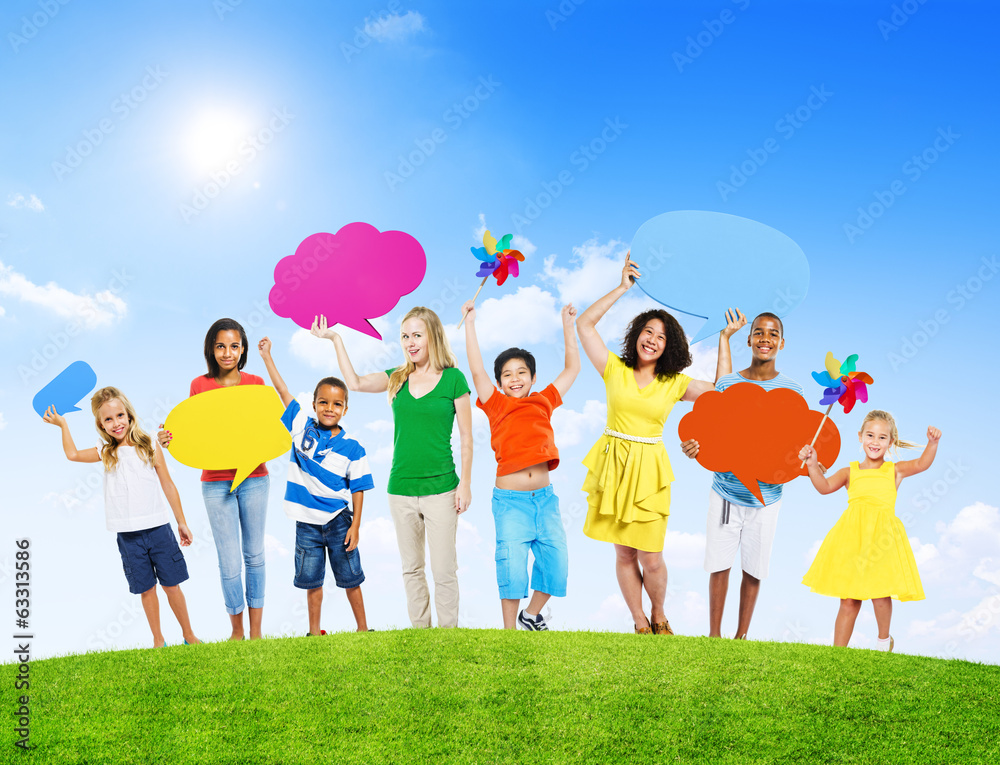 Group of People Holding Colorful Speech Bubbles