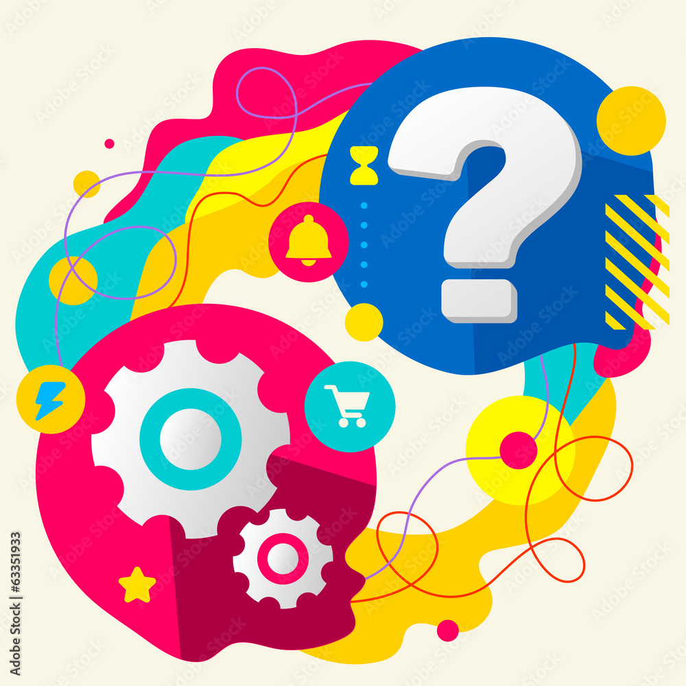 Cogwheel and question mark on abstract colorful splashes backgro