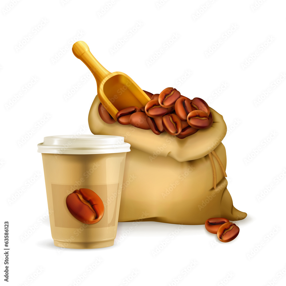 Coffee paper cup and bag, vector