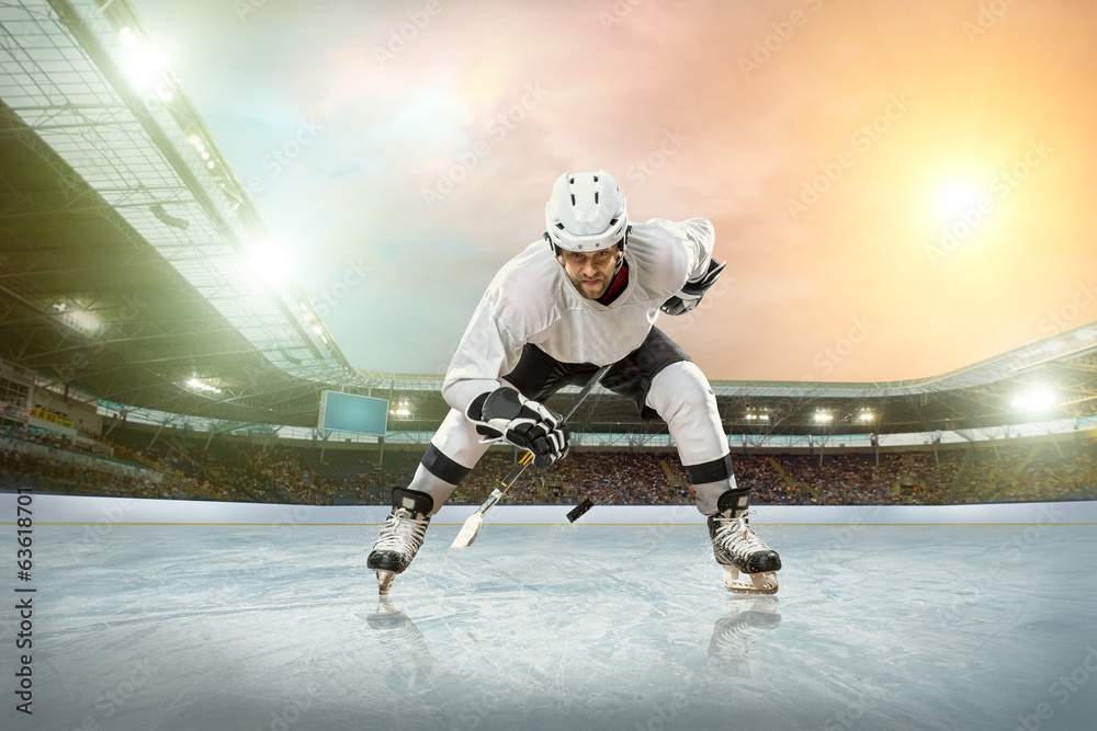 Ice hockey player on the ice. Open stadium - Winter Classic game