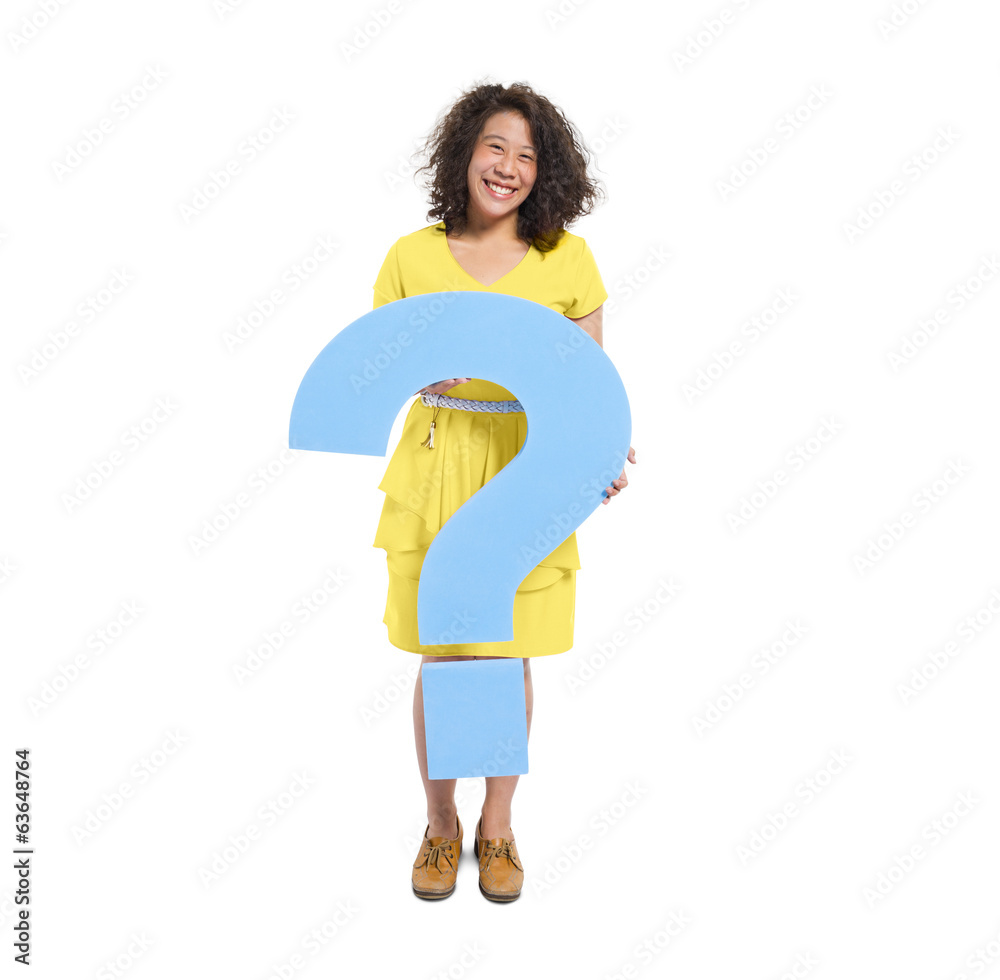 Asian Woman Holding a Blue Question Mark