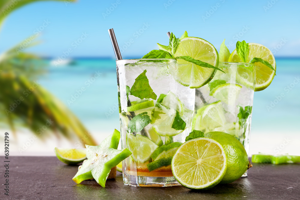 Fresh mojito cocktail on wood