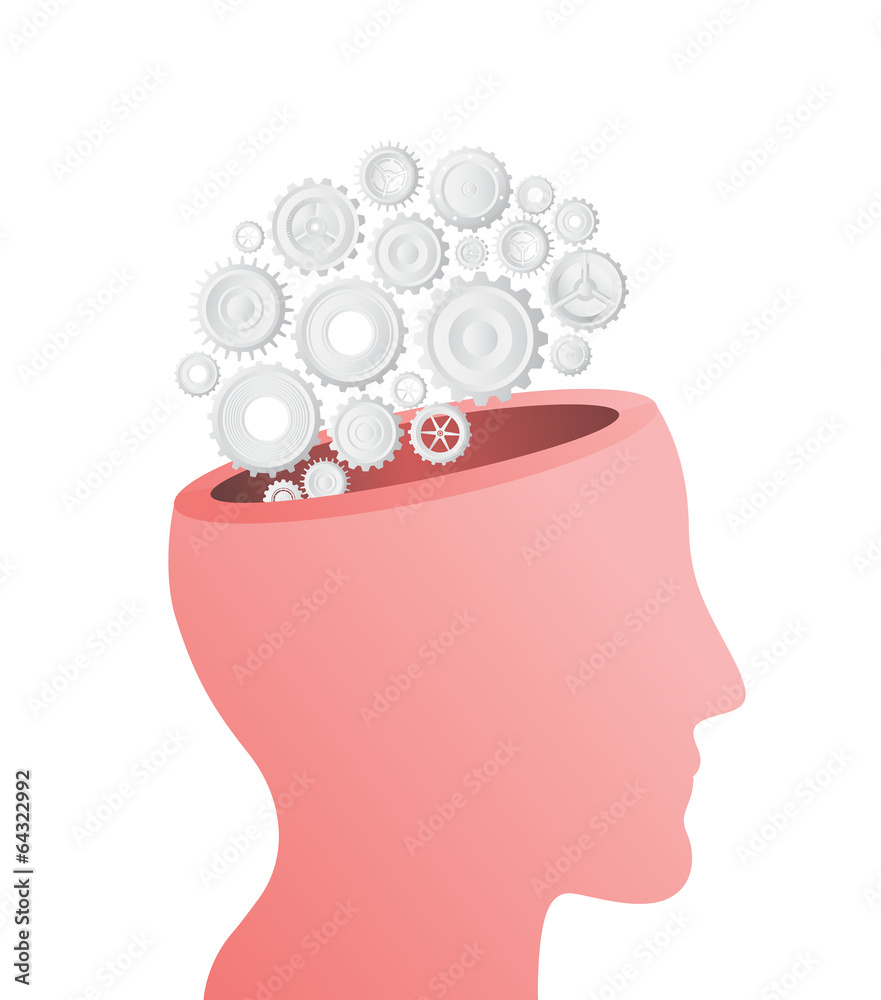 Head with cogs and wheels for brain