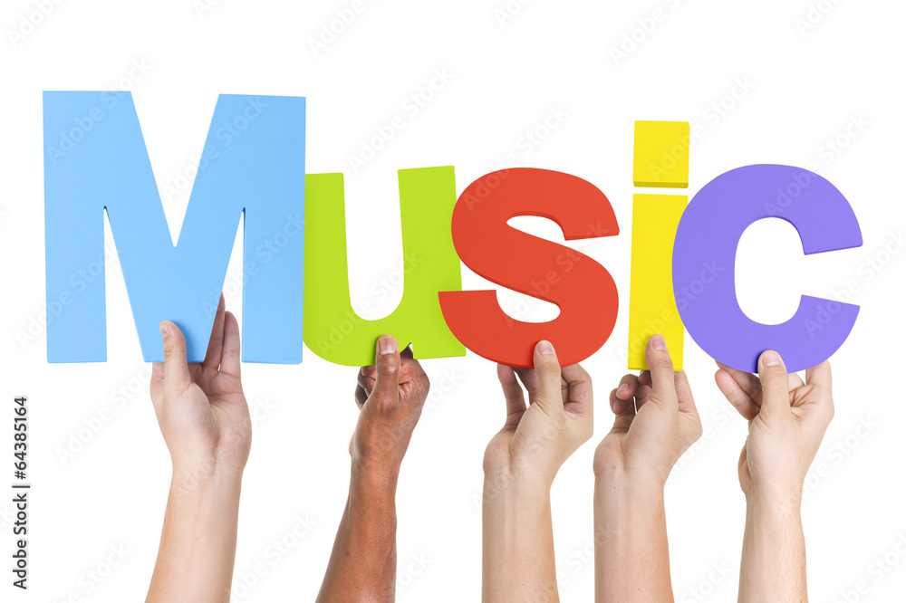 Group of Multiethnic Hands Holding Word Music