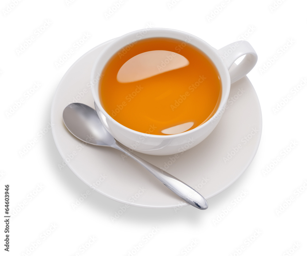 Top view of a cup of tea , isolate on white