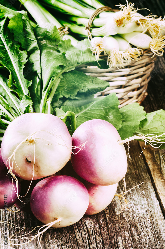 Fresh turnips with green tops