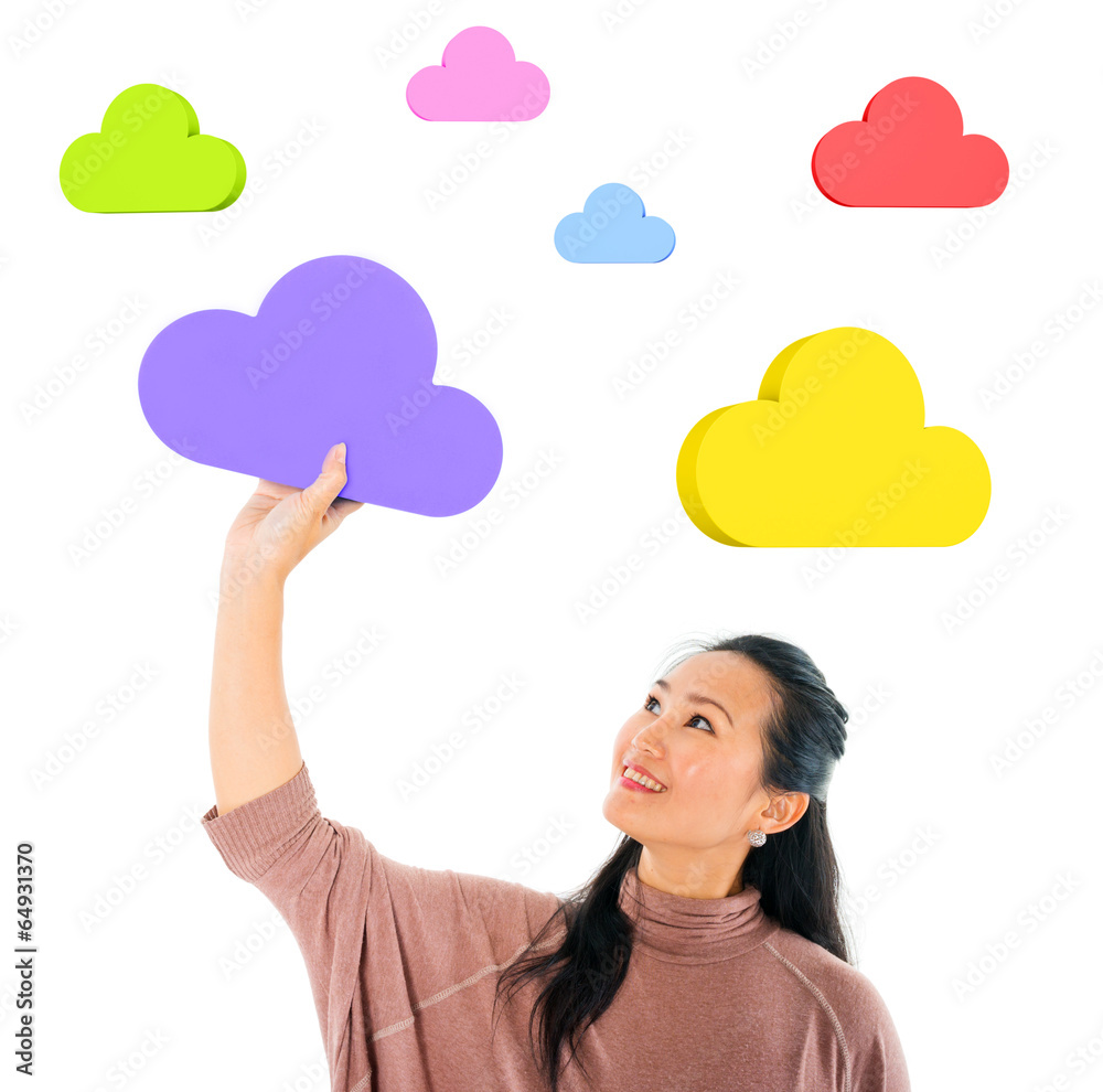 Casual woman holding colorful clouds