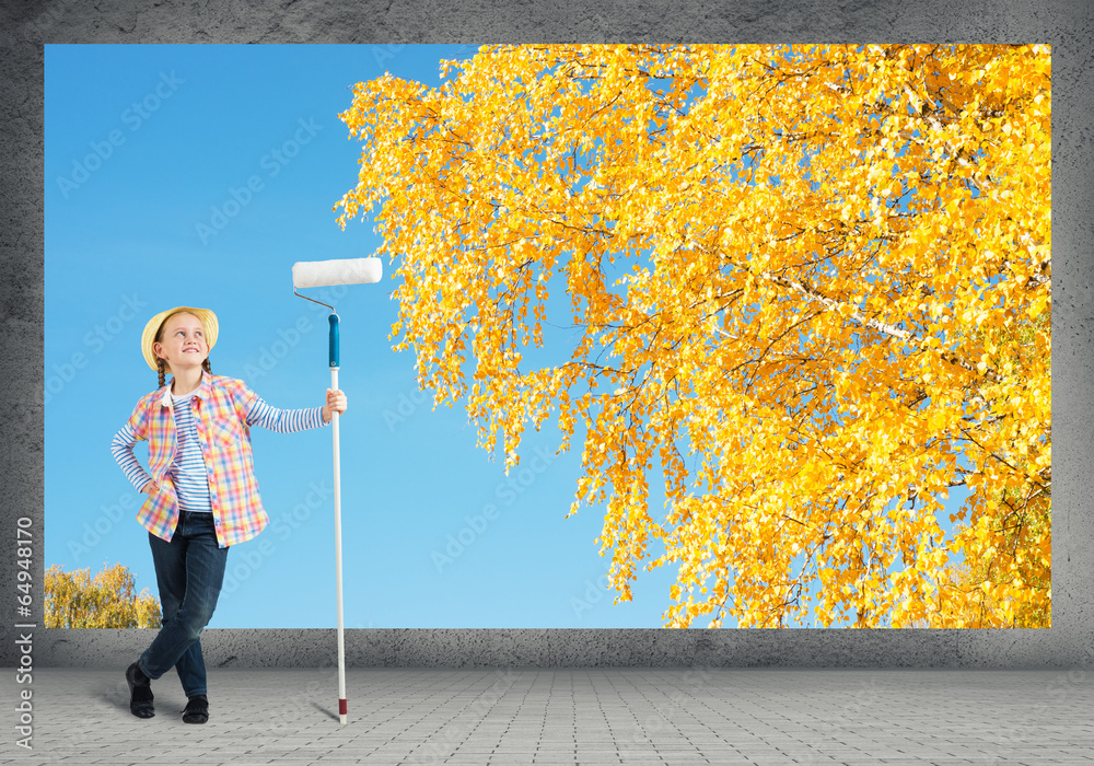 girl with roller stands near the wall