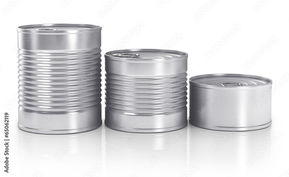 Three different unopened cans isolated on white