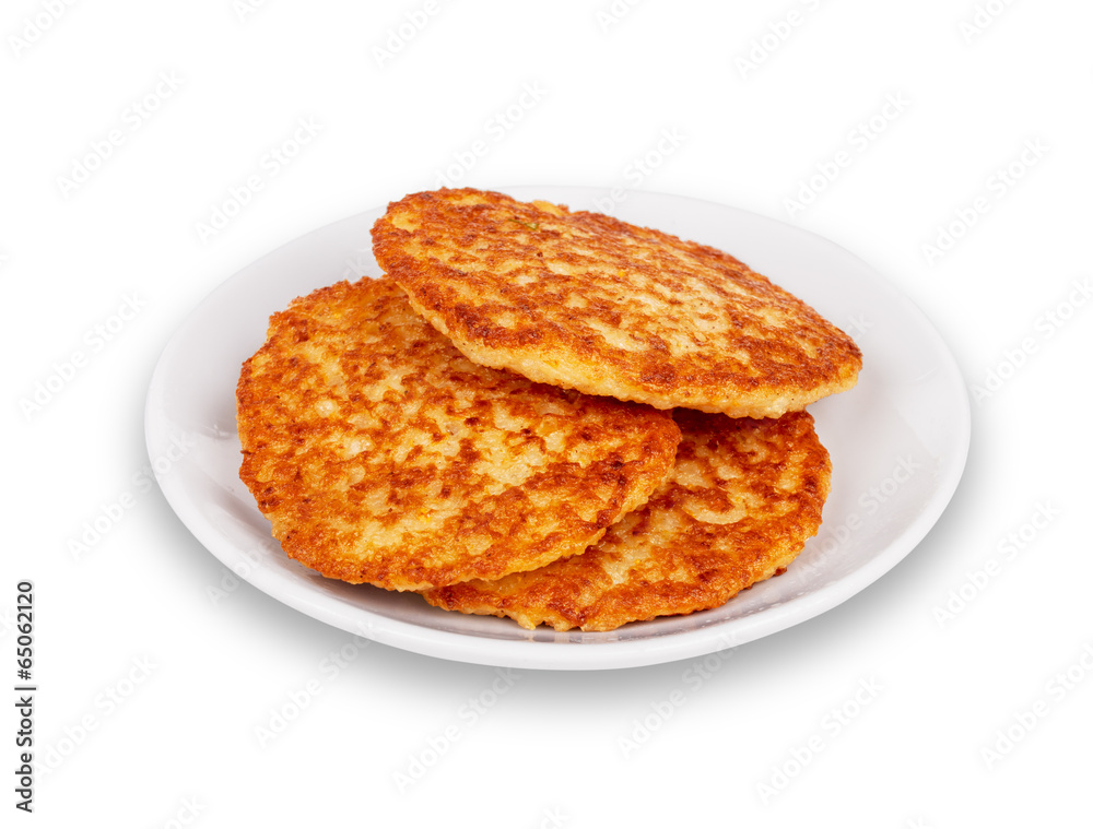 Fried potato pancakes on the white background