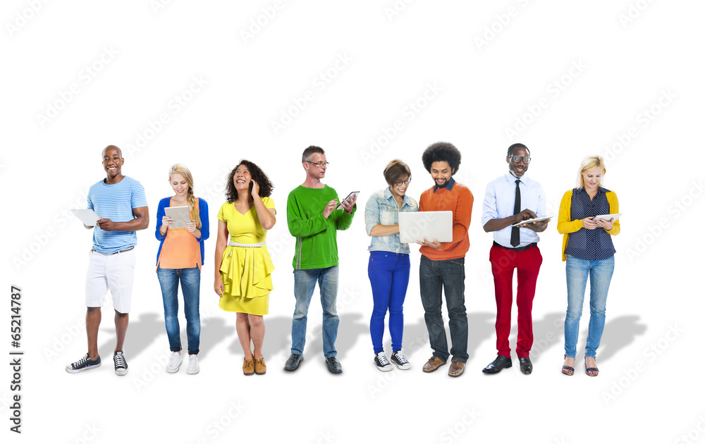 Group of Multiethnic Colorful People Using Digital Devices