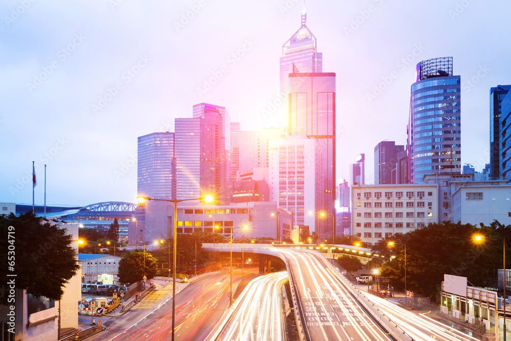 traffic in city Hong Kong，with sunset