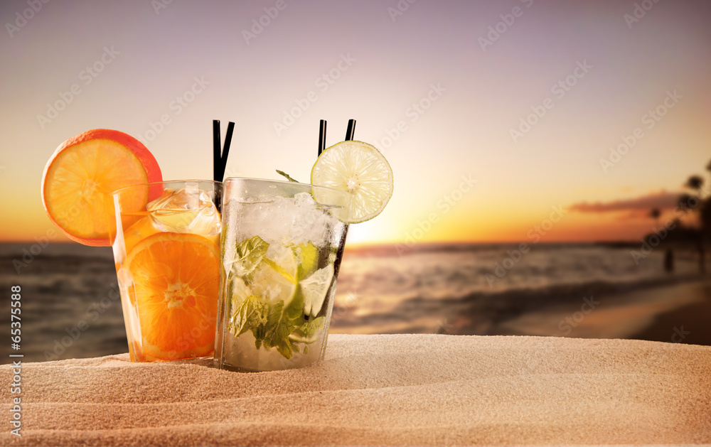 Summer drinks with blur beach on background