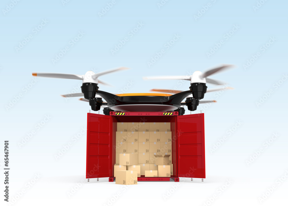 Air drone and opened cargo container with cardboard boxes