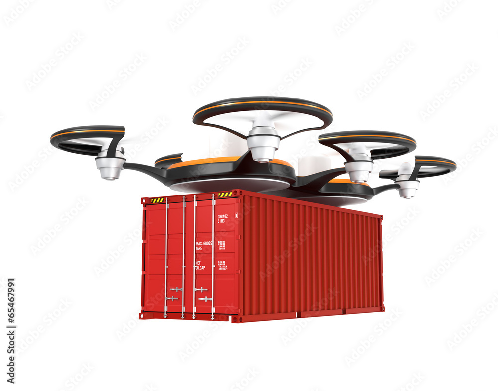 Air drone carrying a cargo container on white background