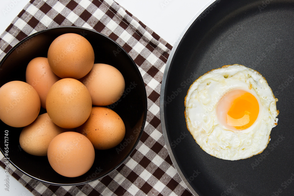 Eggs and pan on isolated background