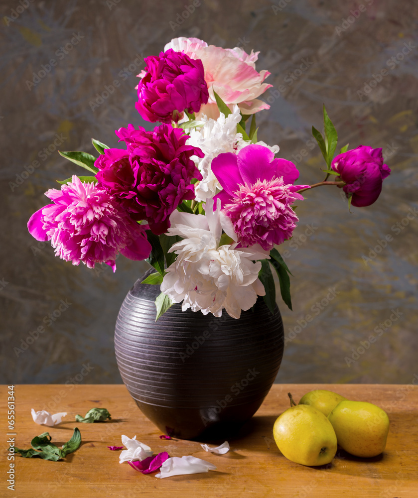 still life with peonies and apples