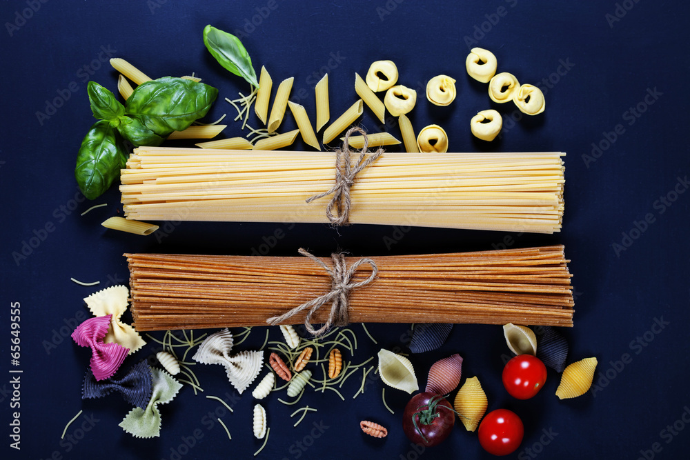 Italian ingredients - pasta, vegetables, spices, cheese