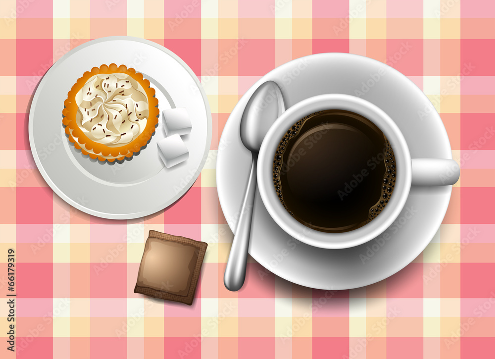 A topview of a table with a coffee, cookie and a creamer