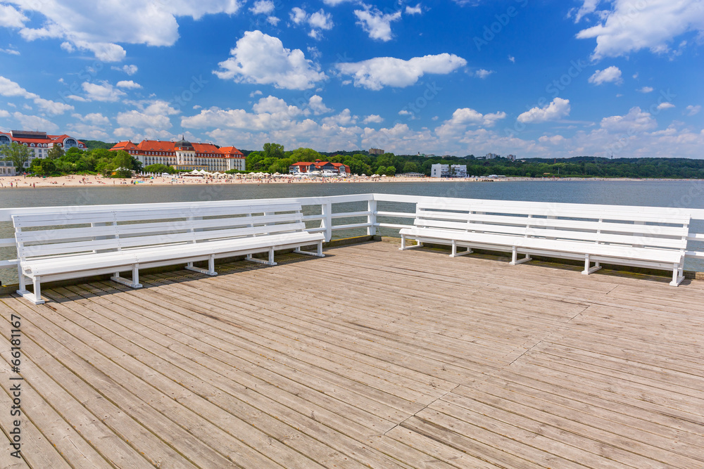 Benches on Sopot molo at Baltic Sea, Poland