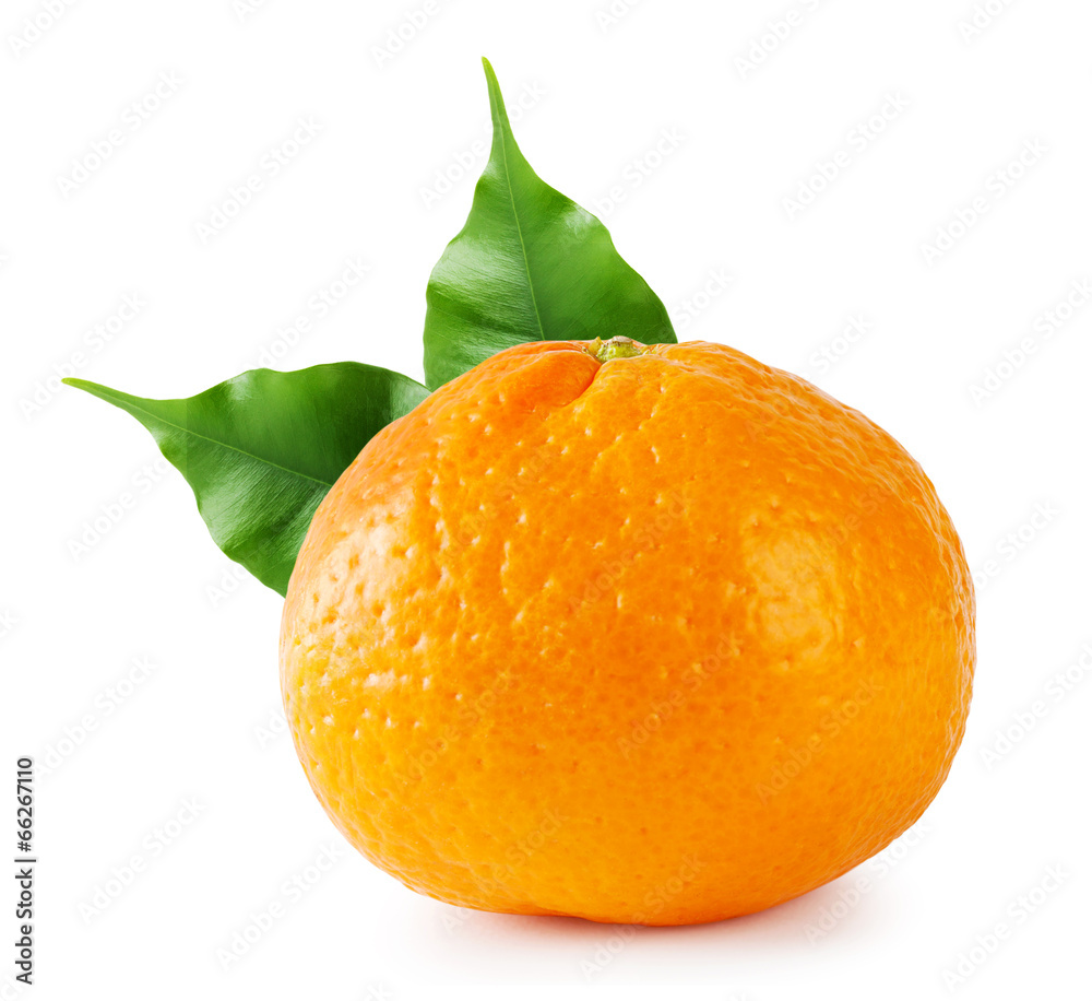 Ripe tangerine with green leaves