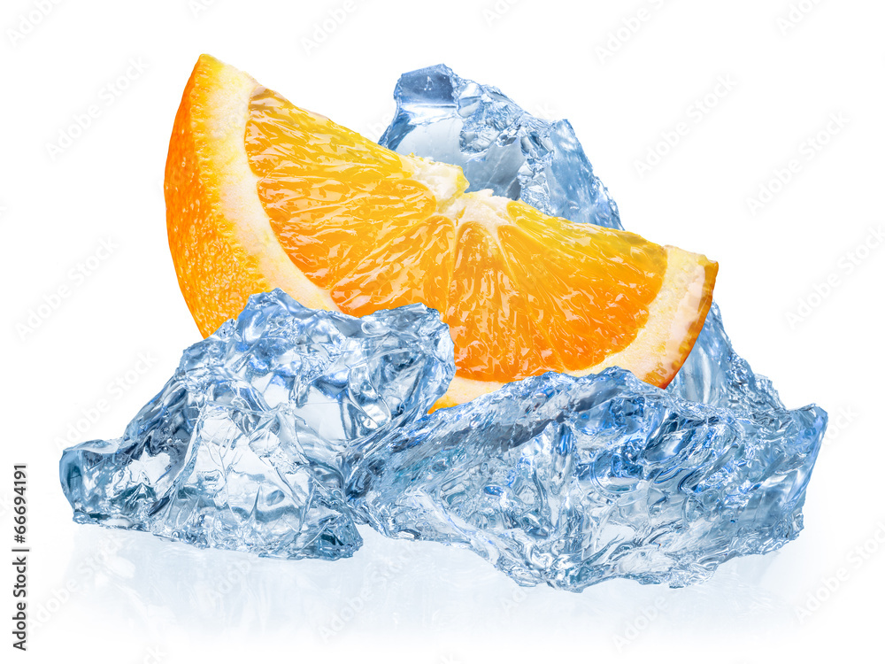 Orange fruit with ice isolated on white background