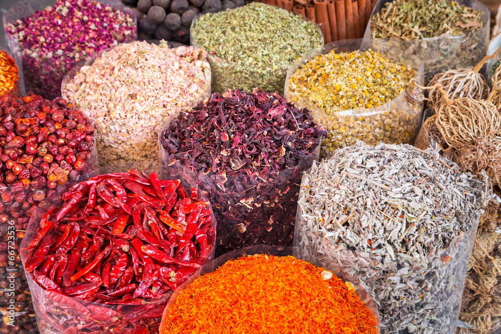 Spices and herbs on the Deira market of Dubai, UAE