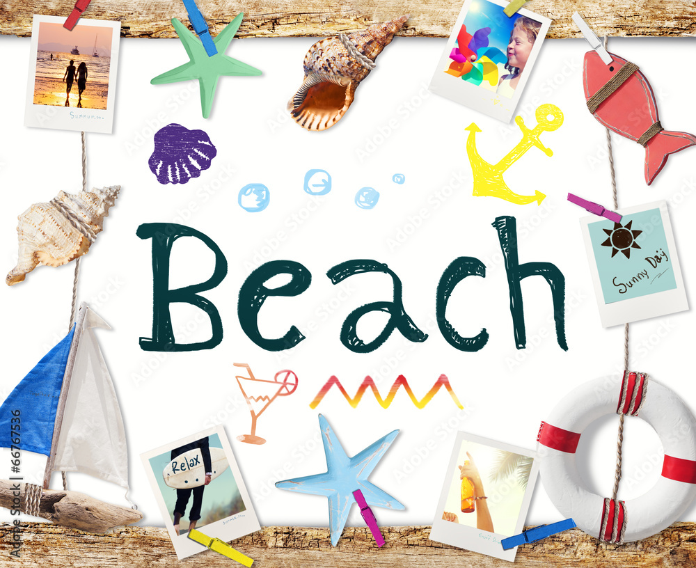 Beach Word on Whiteboard with Summer Objects and Photos