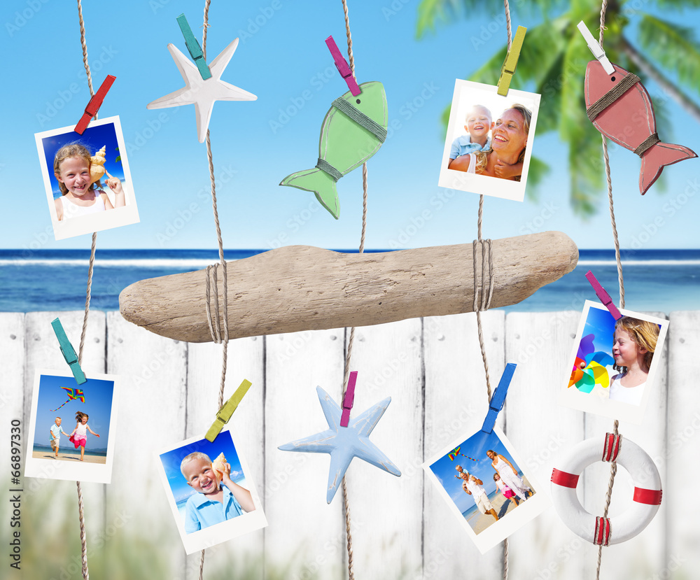 Family Pictures and Objects Hanging by the Beach