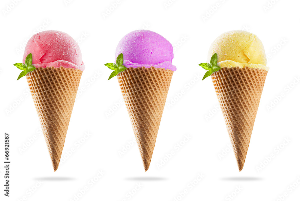 Ice creams in cones, isolated on white background