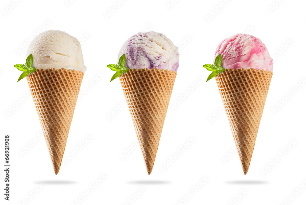 Ice creams in cones, isolated on white background