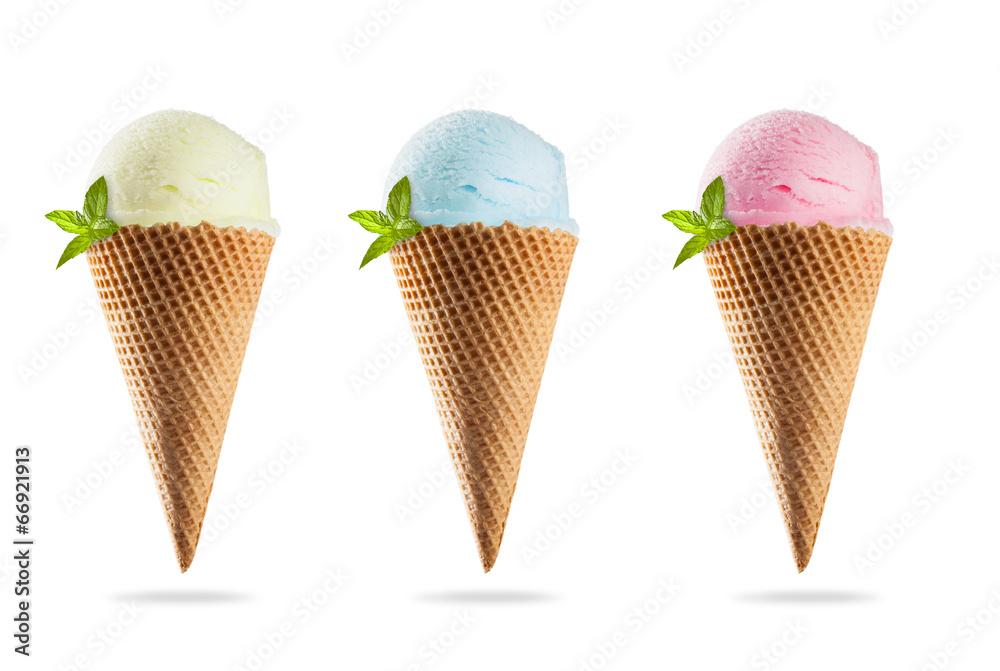 Ice creams in cones, isolated on white background