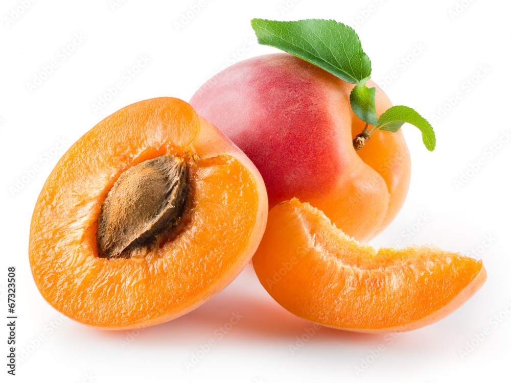 Apricot, half and piece isolated on white background