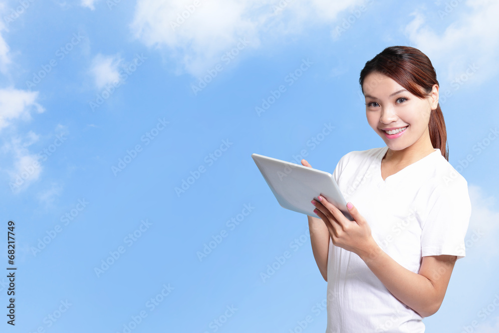 student woman using digital tablet