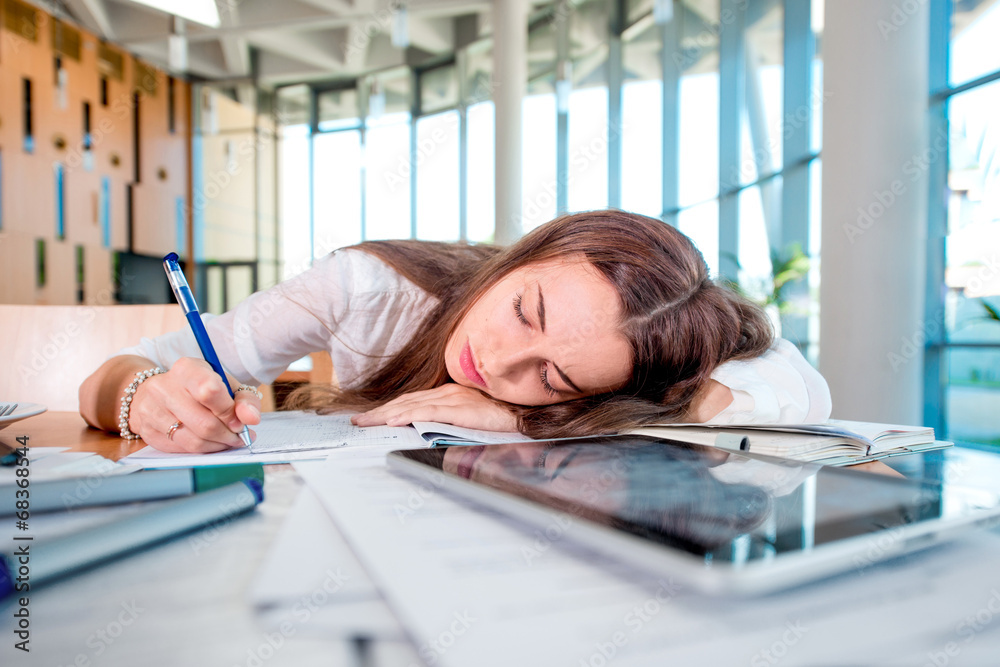 Girl felt sleep in the University class while studying