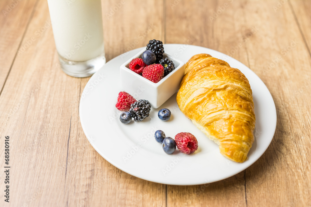 Healthy Breakfast With Croissant, Milk And Fresh Fruits