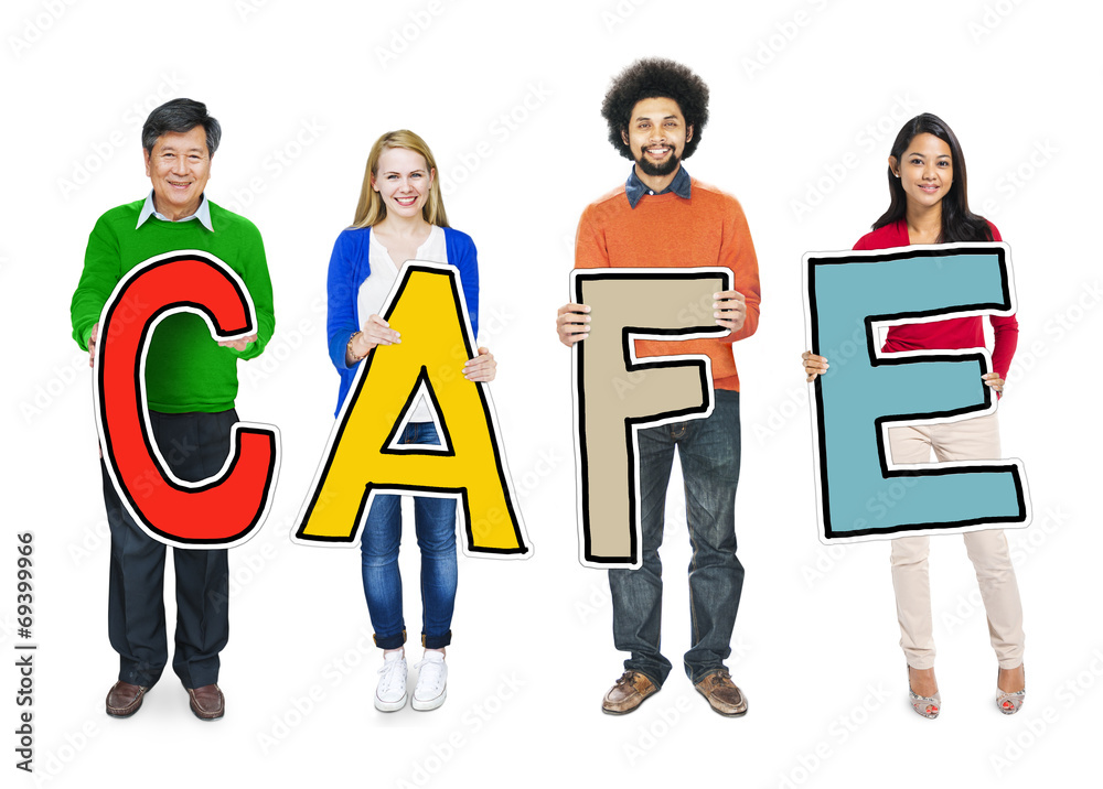 DIverse People Holding Text Cafe