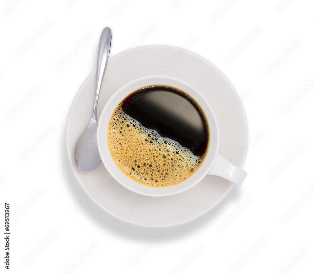 Top view of a cup of coffee, isolate on white